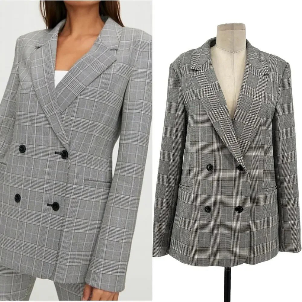 Aritzia Sunday Best Freshman Blazer Jacket Plaid Check Gray Black Size Large
